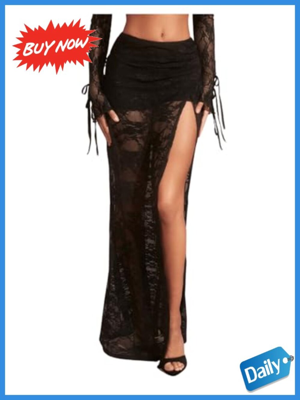 Floral Lace Maxi Skirt High Slit Sheer Rave Festival